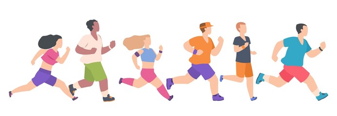 Men and women running. Cartoon young people jogging. Cute teenagers training in sportswear. Outdoor workout or marathon. Sport group activity. Runners competition. Vector minimalist illustration
