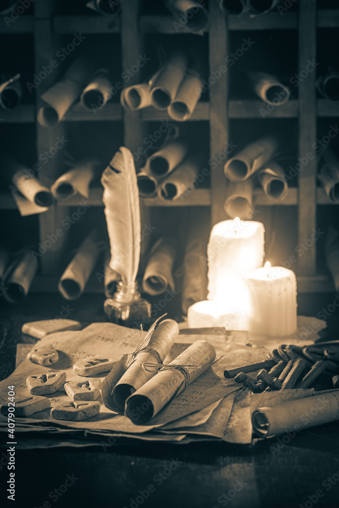 Aufkleber magic and ancient library full of medieval scrolls