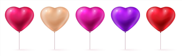 Valentine balloons. Realistic 3D red, pink and purple inflated forms. Heart shaped romantic decorative elements. Glossy holiday presents for children and lovers. Isolated bright objects, vector set