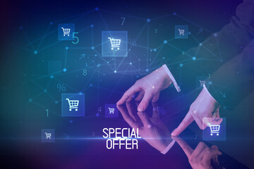 Online shopping with SPECIAL OFFER inscription concept, with shopping cart icons