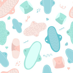 Seamless pattern with reusable menstrual cloth pads set. Feminine period hygiene product. Zero waste, plastic-free, period, menstruation concepts. Sustainable lifestyle. Flat. Vector illustration.