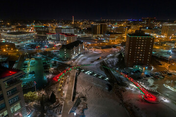Aerial View of Sioux Falls, South Dakota with Christmas Lights at Dusk