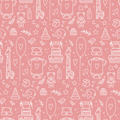 hand drawn baby seamless pattern. Vector illustration. doodle baby pattern isolated. Kid birthday pattern with balloons, flags, toys, bottle, cake, twigs, hearts, clothes,