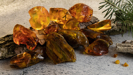 Variety of sparkling old Baltic amber stones of different colors and sizes on a birch bark....