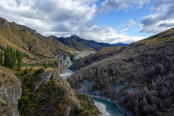 Kawarau River on a sunny day, famous for first commercial bungy jumping site