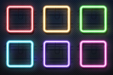 Neon square lamps. Realistic electric borders, colorful illuminated frames. Glowing rectangle signboards and wall mounts. Bright fluorescent light elements. Geometric decorative shapes, vector set