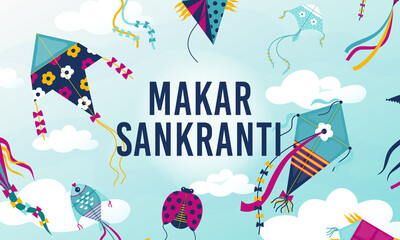 Obraz premium Makar Sankranti. Cartoon holiday background with flying kites of different shapes and colors. Traditional Indian festival. Annual celebration winter solstice, January religious event, vector poster