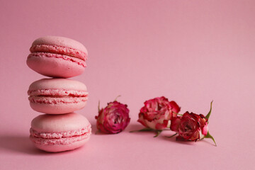 French macaroons pastries on pastel pink background with roses flowers close-up. Selective focus, copy space