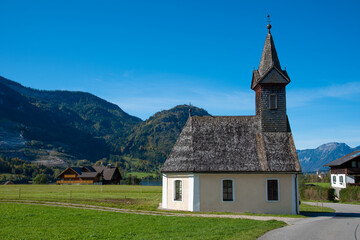Fototapeta na wymiar Saint Raphael chapel near the east shore of the Grundlsee in Styria, Austria.