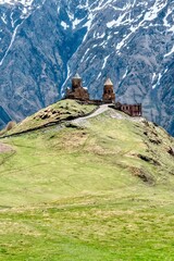 Gergeti Trinity Church in Front of Mount Kazbek, Stepantsminda (Kazbegi), Georgia.