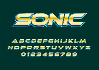 Sonic text effect, Modern bold shiny gold text effect with 3d style. Set of alphabet and number for poster headline, advertisement, logo branding - obrazy, fototapety, plakaty