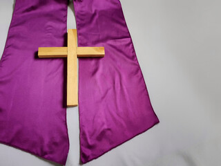 Lent Season,Holy Week and Good Friday concepts - wooden cross image with purple stole icon. Flat...