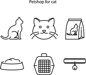 Pet shop flat line icons set, cat scratcher, food cat, icon set of cat, vector illustrations. Thin signs for veterinary. 