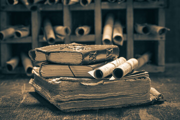 Old books and antique scrolls in library