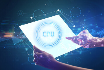 Hand holdig futuristic tablet with CPU inscription, modern technology concept
