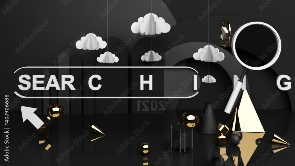 Poster black information search bar with a magnifying glass and gold geometric shape on a black and backgro