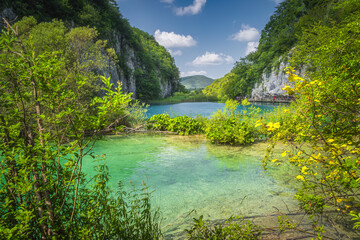 Fototapeta premium Tourists walking on footpath under tall cliff in a valley with lakes, framed by branches. Plitvice Lakes National Park UNESCO World Heritage, Croatia