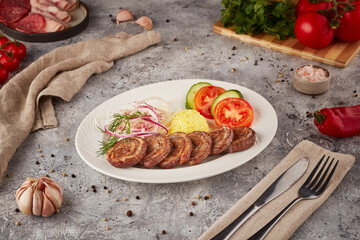 Grilled beef roll with rice, textured background