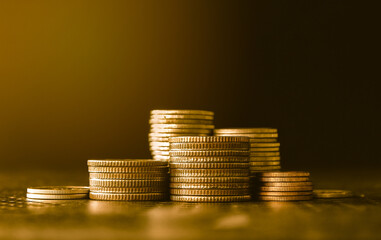 close up stacks of gold money coin background, Concept saving money 