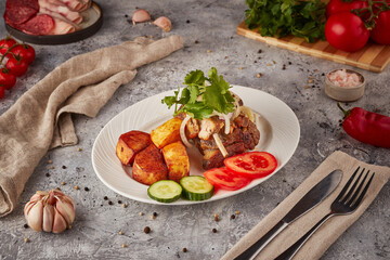 Braised pork and beef with vegetables and spices, textured background