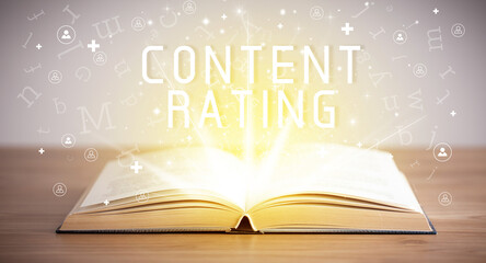 Open book with CONTENT RATING inscription, social media concept