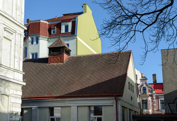 Upper parts and roofs of buildings in Teplice, Czech Republic.