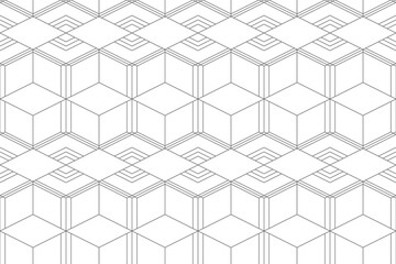 Seamless, abstract background pattern made with lines forming cubes. Modern, simple, 3 dimensional vector art.