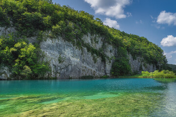 Fototapeta premium Tall cliff covered in green trees with clean, turquoise coloured lake underneath it. Plitvice Lakes National Park UNESCO World Heritage, Croatia