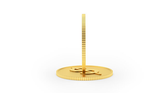 A coin with an edge stands on a gold dollar coin isolated on white. 3d illustration