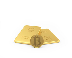 Bitcoin coin with thin gold bars isolated on white. 3d illustration