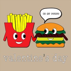 Greeting Card Valentine's Day on the theme of burger restaurant.