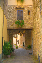 A stone archway across a quiet residential street in the historic medieval village of Montefioralle near Greve in Chianti in Florence province, Tuscany, Italy

