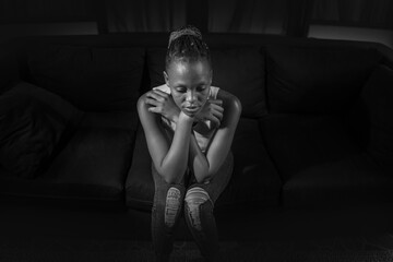 teen afro American girl at night suffering depression - young attractive sad and depressed black...