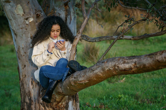 Joven adolescente de cabello negro y rizado subida en un &aacute;rbol viendo y escuchando su tel&eacute;fono m&oacute;vil con los auriculares vestida casual en invierno.