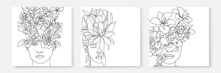 Woman Head with Flowers One Line Drawing Set. Continuous Line Woman and Flowers. Abstract Contemporary Design Template for Covers, t-Shirt Print, Postcard, Banner etc. Vector EPS 10.