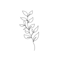 Branch Leaves One Line Drawing. Continuous Line of Floral Illustration. Abstract Contemporary Botanical Design Template for Minimalist Covers, t-Shirt Print, Postcard, Banner etc. Vector EPS 10.
