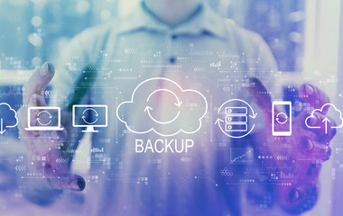 Backup concept with young man holding his hands