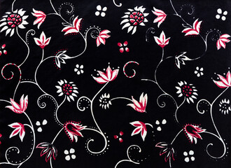 Elegant silk fabric with white and red fantasy flowers and curls on a black background, textile background image - 407911067
