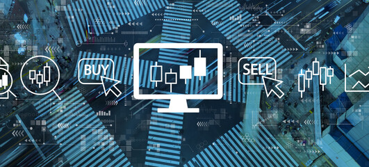 Stock trading theme with busy city traffic intersection