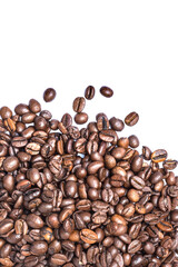 Vertical shot of roasted coffee beans stack isolated on white background