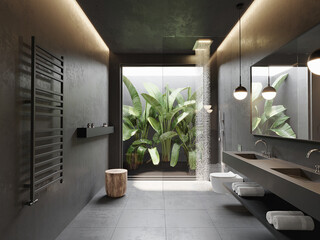 3d dark masculine bathroom with concrete walls and contemporary minimal design with view to palm trees
