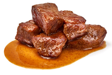 Meat stew, goulash with sauce, isolated on white background
