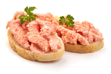 Sandwich with caviar paste, isolated on white background.