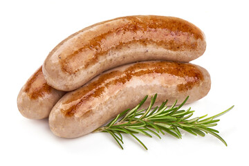 Grilled Sausages, close-up, isolated on white background