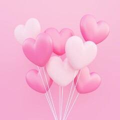 Valentine's day, love concept background, pink and white 3d heart shaped balloons bouquet floating