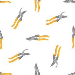 Seamless pattern with cartoon gardening scissors, secateur on white background. Gardening tool. Vector illustration for any design