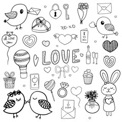 Love doodle vector set with decorative elements.