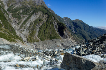 Glacier line of Franz Josef Glacier, because of global warming they glacier never reached his old hight. Southern Alps, West Coast, South Island, New Zealand