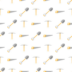 Seamless pattern with cartoon hand saw, pickaxe, shovel on white background. Gardening tool. Vector illustration for any design