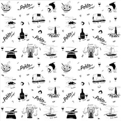 Black and white linear pattern about portuguese cities and landmarks, Porto, Portugal